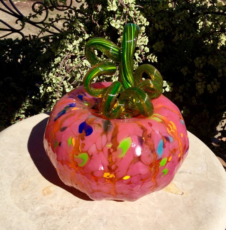 Medium hot pink speckled pumpkin - Blown Glass, in Pumpkins
